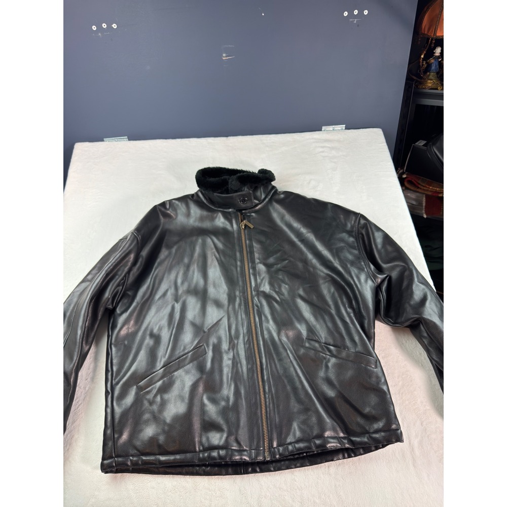 Miletta Black Faux Leather Bomber Jacket Faux Fur Collar Mens Sz 1X Heavyweight